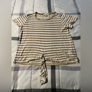 Michael Michael Kors Tan and White Striped Tee, Tie Front, Sz L